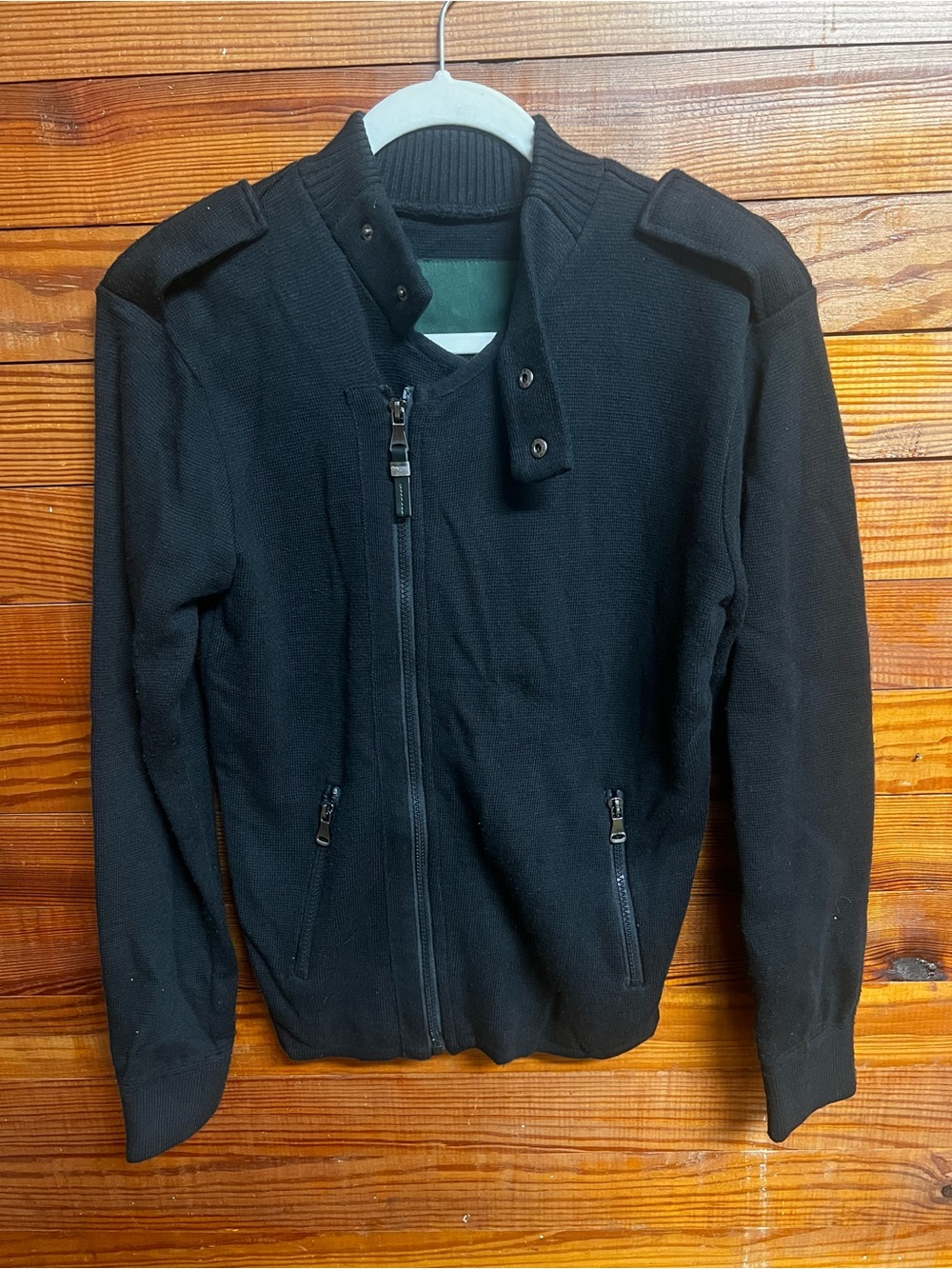 Zara Man Black Knit Moto Jacket Full Zip Snap Collar Men’s S US 36